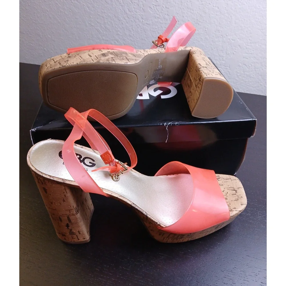 GBG Los Angeles GGQUEEN Pink Jelly Cork Platform Block Heel Sandals Womens 9.5 M